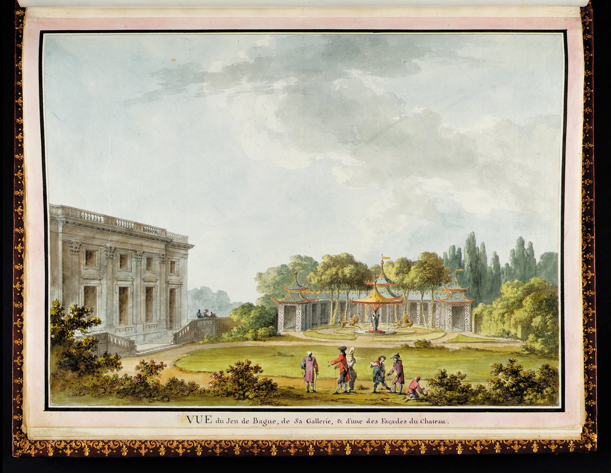 Utsikt over Jeu de Bague, galleriet og en av fasadene til slottet, fra Recueil des plans du Petit Trianon av Richard Mique (1728-94) av Claude Louis Chatelet