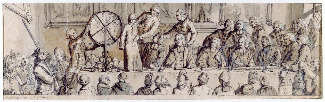 Trekning av lotteriet på Hotel de Ville, 1772 (penn, blekk og vask) av Claude Louis Desrais