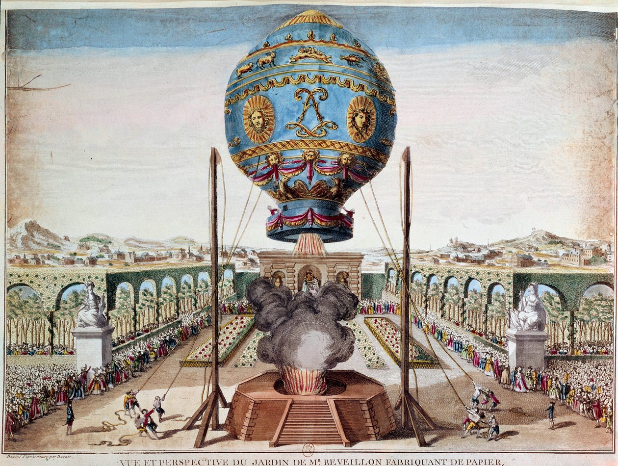 Opplevelse av brødrene Montgolfiere 19. oktober 1783 i hagen til Monsieur Reveillon, faubourg Saint Antoine i Paris. Gravering av Desrais Claude Louis Desrais (1746-1816) av Claude Louis Desrais