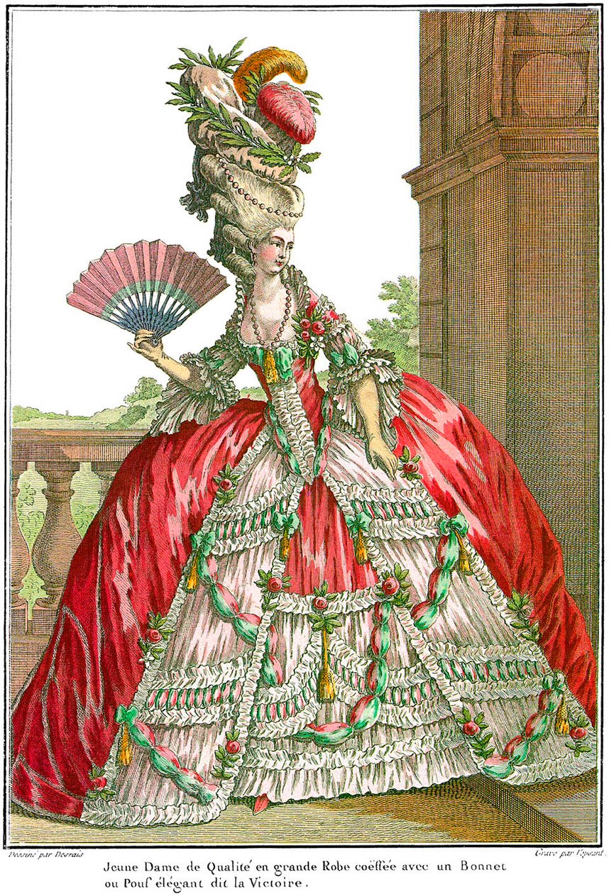 Fransk hoffkjole med brede vesker, 1778. av Claude Louis Desrais
