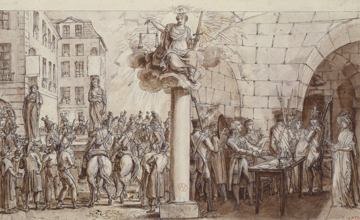Enken Morin og hennes datter Angelique Delaporte ved Conciergerie og straffet med å bli lenket offentlig for forbrytelsen utpressing med vold av underskrifter, 1812 (penn, blekk og vask på papir) av Claude Louis Desrais