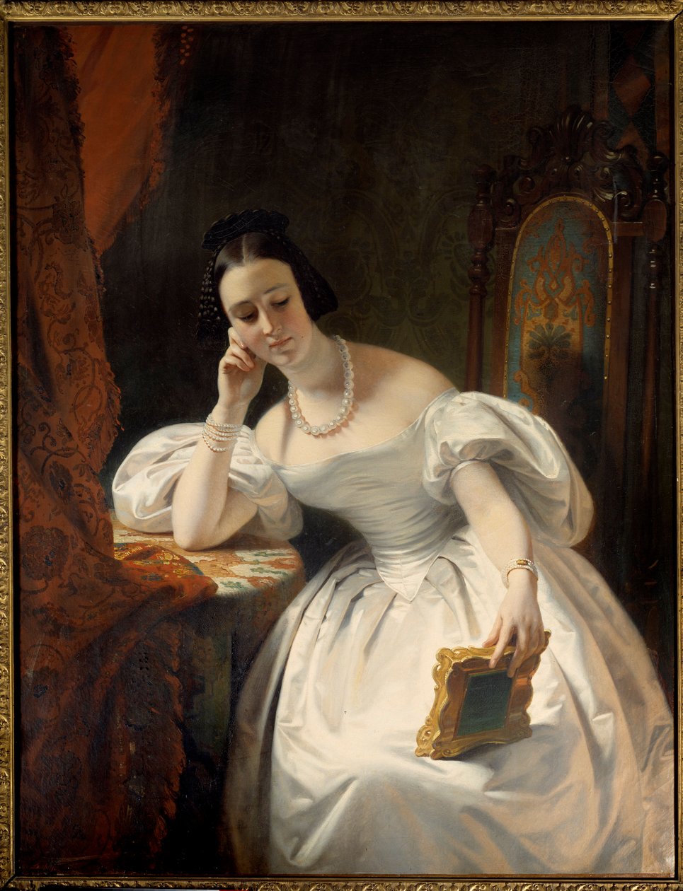 Ung jente i speilet. Maleri av Claude Marie Dubufe (1790-1864) av Claude Marie Dubufe