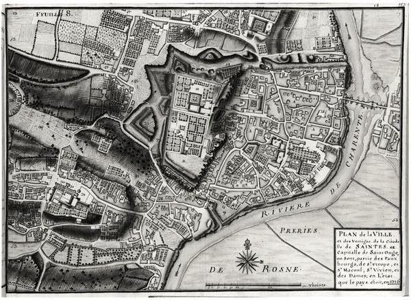 Atlas 131 F fol.8 Kart over Saintes, hovedstaden i Saintonge, fra Recueil des Plans de Saintonge, 1716 (penn og blekk og wc på papir) av Claude Masse