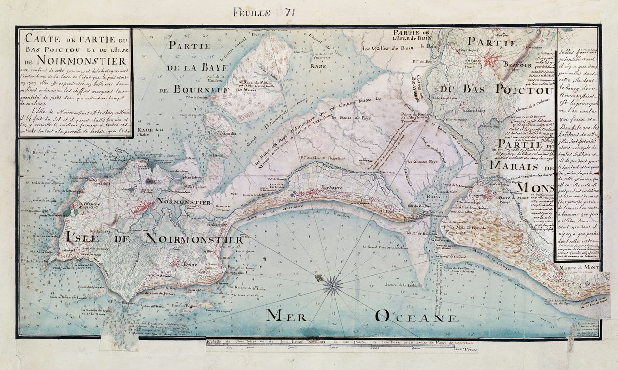 Atlas 131 H.fol 71 Kart over en del av Bas-Poitou og Ile de Noirmoutier, 1703 (penn, blekk og wc på papir) av Claude Masse
