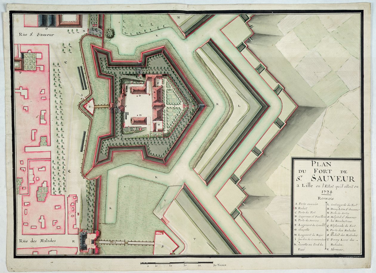 Fort of Saint-Sauveur, Lille, i 1728, fra 'Traite de Fortifications' (penn og blekk og wc på papir) av Claude Masse
