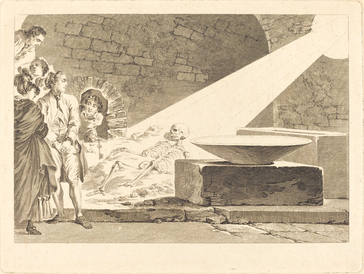 Fragonard og Bergeret med konene deres på besøk i en grav i Pompeii av Claude Mathieu Fessard after Jean Honoré Fragonard