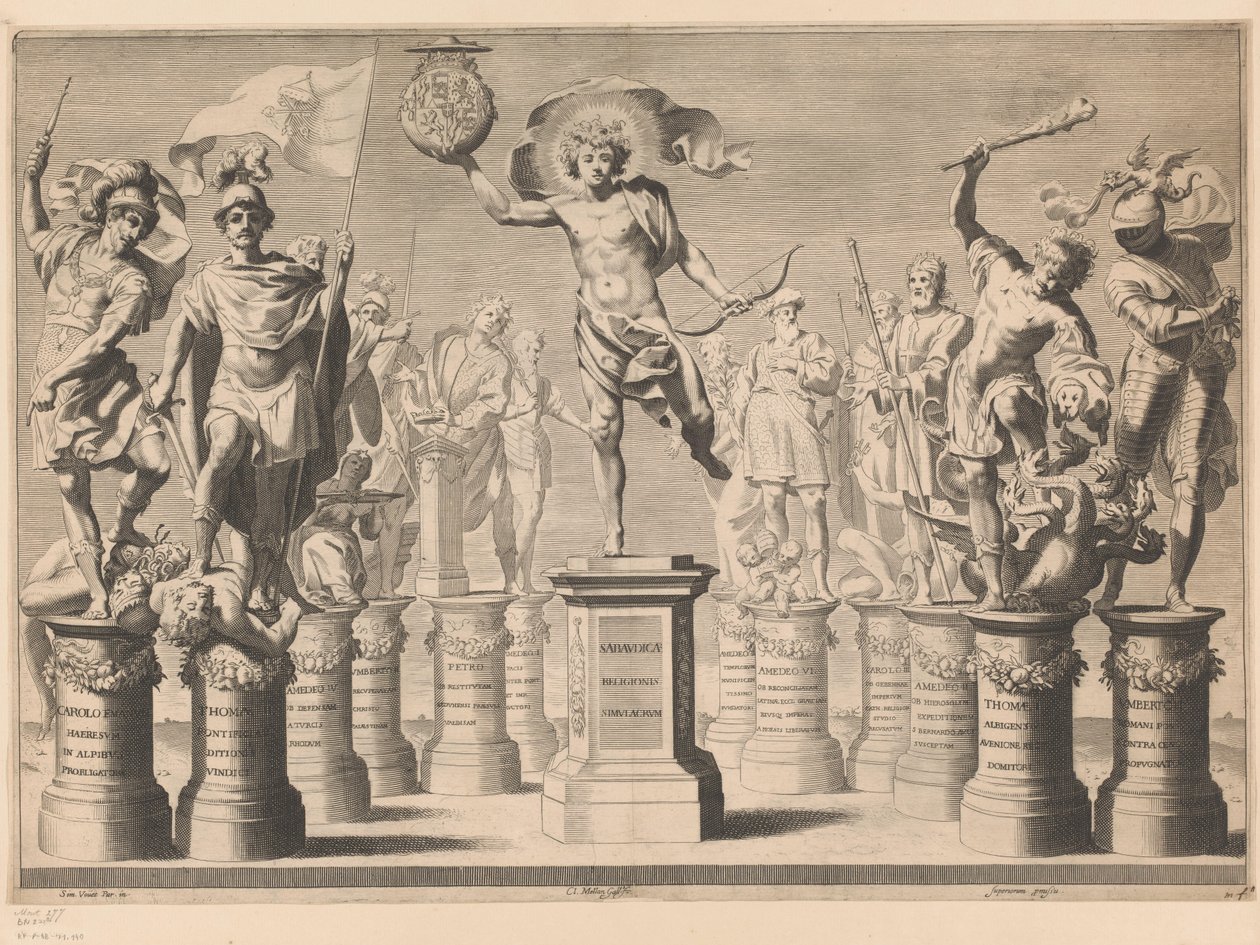 Allegori til ære for House of Savoy med legendariske figurer på sokkel av Claude Mellan