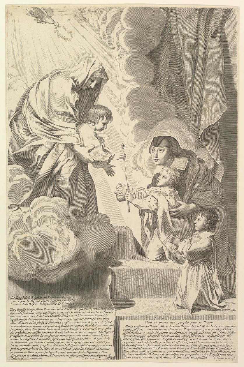 Anne av Østerrike med den unge Ludvig XIV og Monsieur før jomfruen og barnet Anne dAutr.... av Claude Mellan