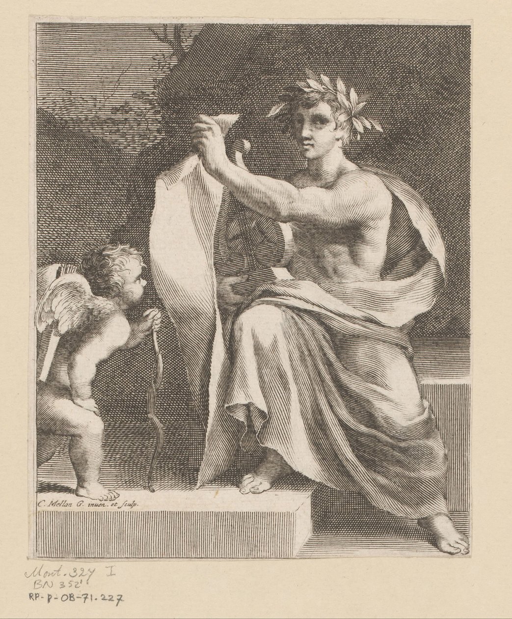 Apollo setter en amor Tittelside for: Eremitten François Tristan Sieur du Soliers, The Loves of Tristan, 1638 av Claude Mellan