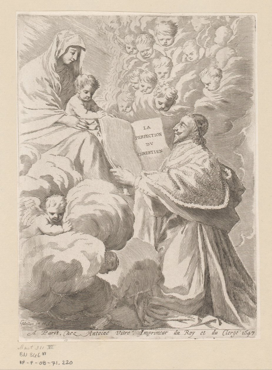 Armand-Jean du Plessis, hertugen av Richelieu, presenterer en bok til Mary with Child Tittelside for: Armand-Jean du Plessis hertug av Richelieu, Traité de la perfection du chrétien av Claude Mellan