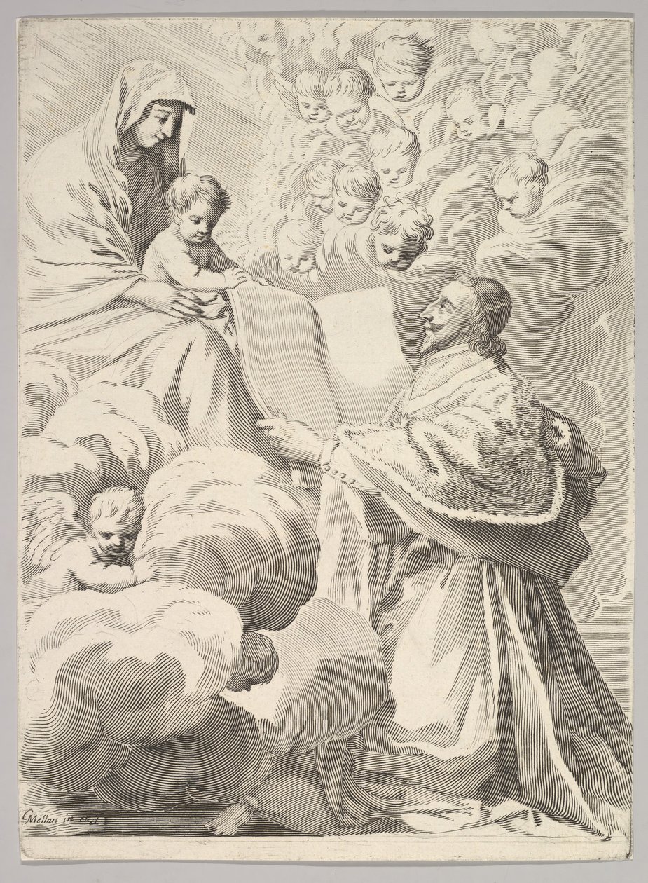 Kardinal Richelieu, knelende, presenterer sin bok til jomfruen og barnet, ca. 1646. av Claude Mellan
