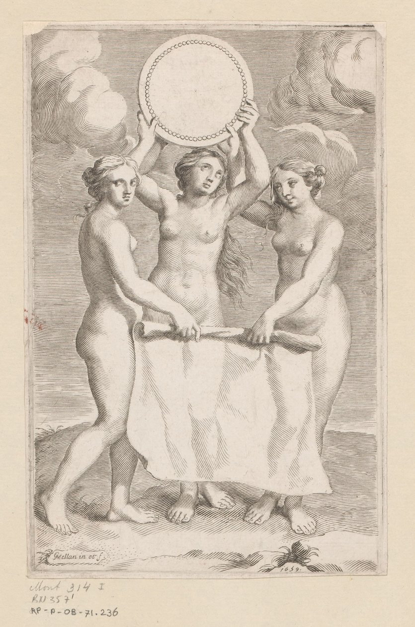 Three Graces med en medaljong Tittelside for: Balthazar de Vias, Charitum libri tres, 1660 av Claude Mellan