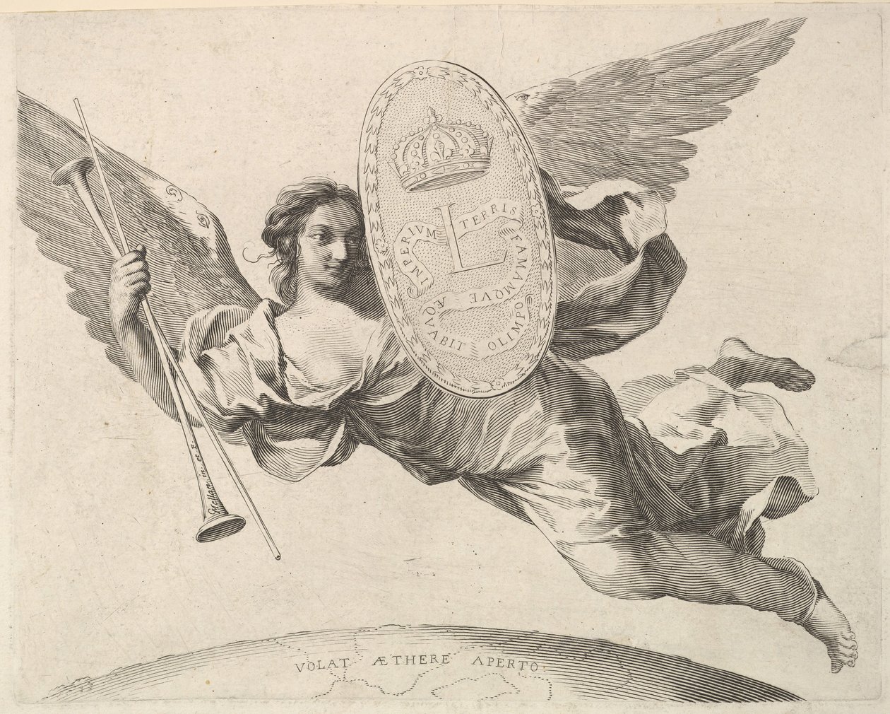 Berømmelse som bærer et skjold med initialen til Louis XIV La Renommée volant. av Claude Mellan