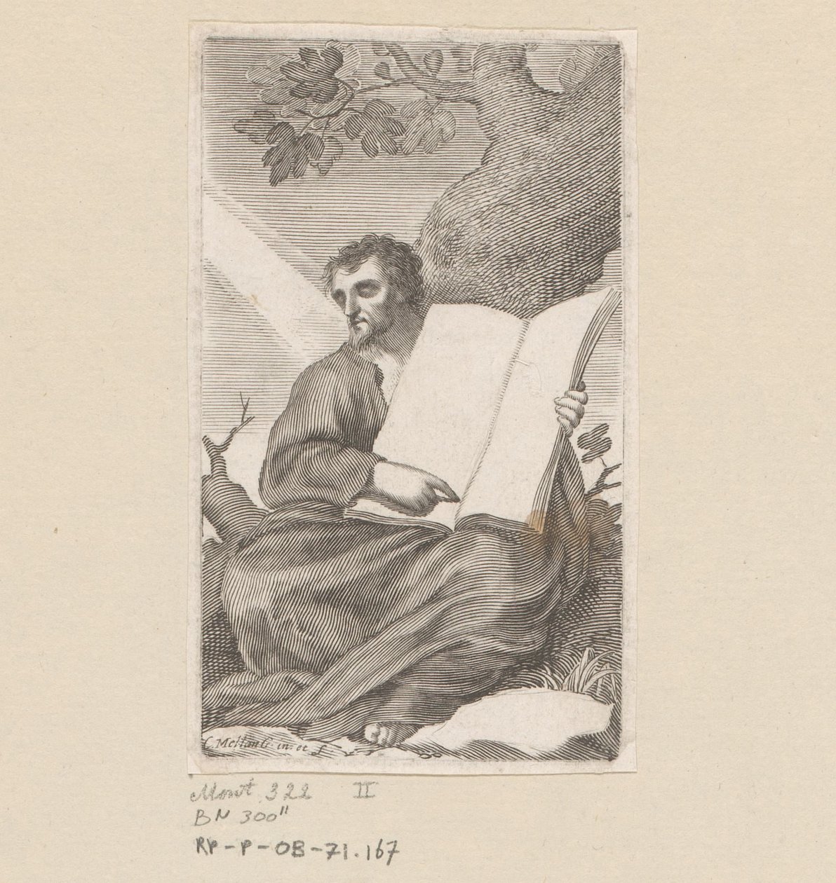 Saint Augustine sitter ved foten av et tre Tittelside for: Les Confessions de Saint Augustin, 1639 av Claude Mellan