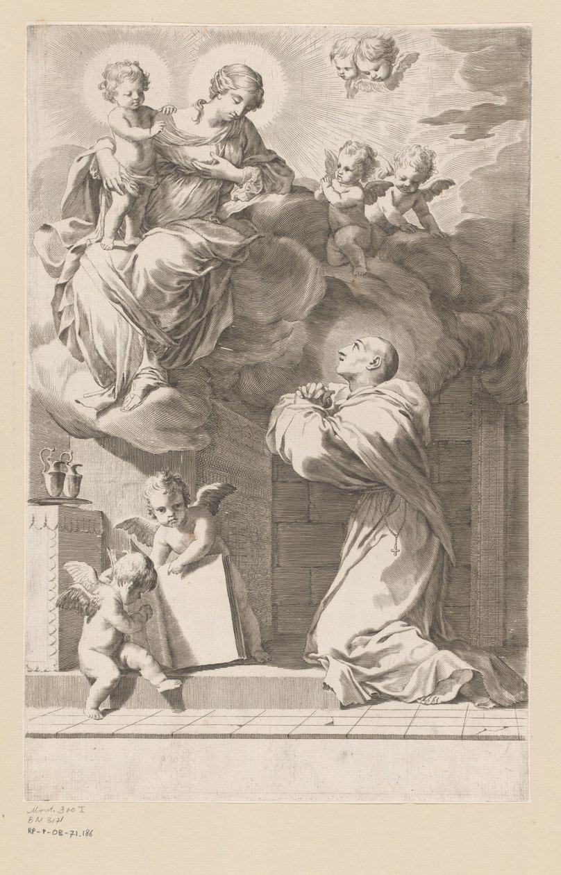 H. Bernard kneler foran en åpenbaring av jomfruen og barnet Tittelside for: Saint Bernardus, Divi Bernardi Abbatis (...), 1640 av Claude Mellan