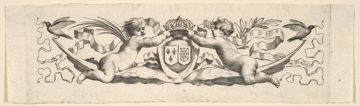 Pannebånd: To spedbarn med armene fra Frankrike og Navarra. av Claude Mellan