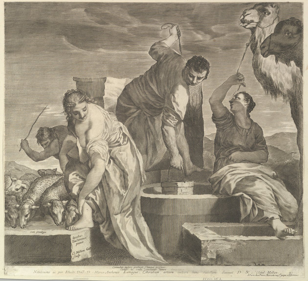 Jacob trekker vann til Rachels dyr Jacob vanner Rachels flokk. av Claude Mellan