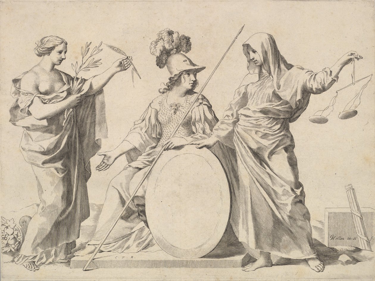 Minerva flankert av fred og rettferdighet Armoires de Gallard et de Mesmes. av Claude Mellan