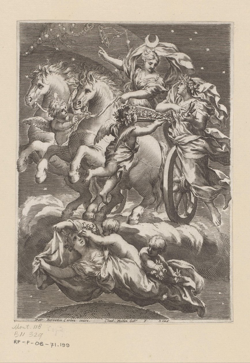 Personifisering av månen på vognen hennes Tittelside for: Giovanni Battista Ferrari, De Florum cultura libri IV, 1633 av Claude Mellan