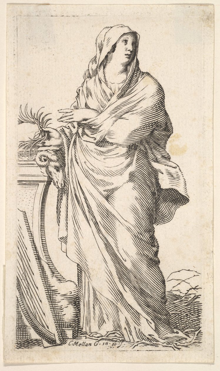 Kledd kvinne som står ved siden av en sokkel, hennes høyre hånd bærer en palmegren, en harpe r..., ca. 1620-88. av Claude Mellan