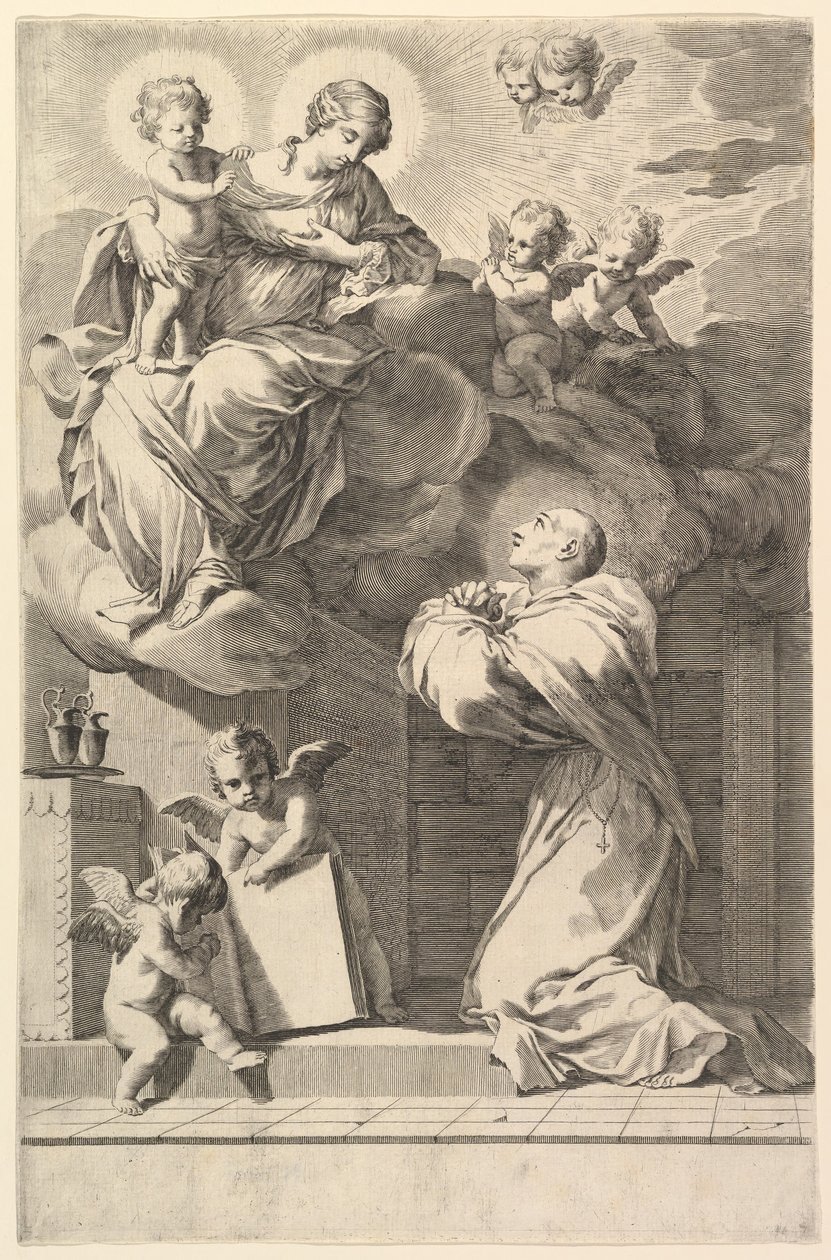 Saint Bernard knelende foran jomfruen og barnet, 1640. av Claude Mellan