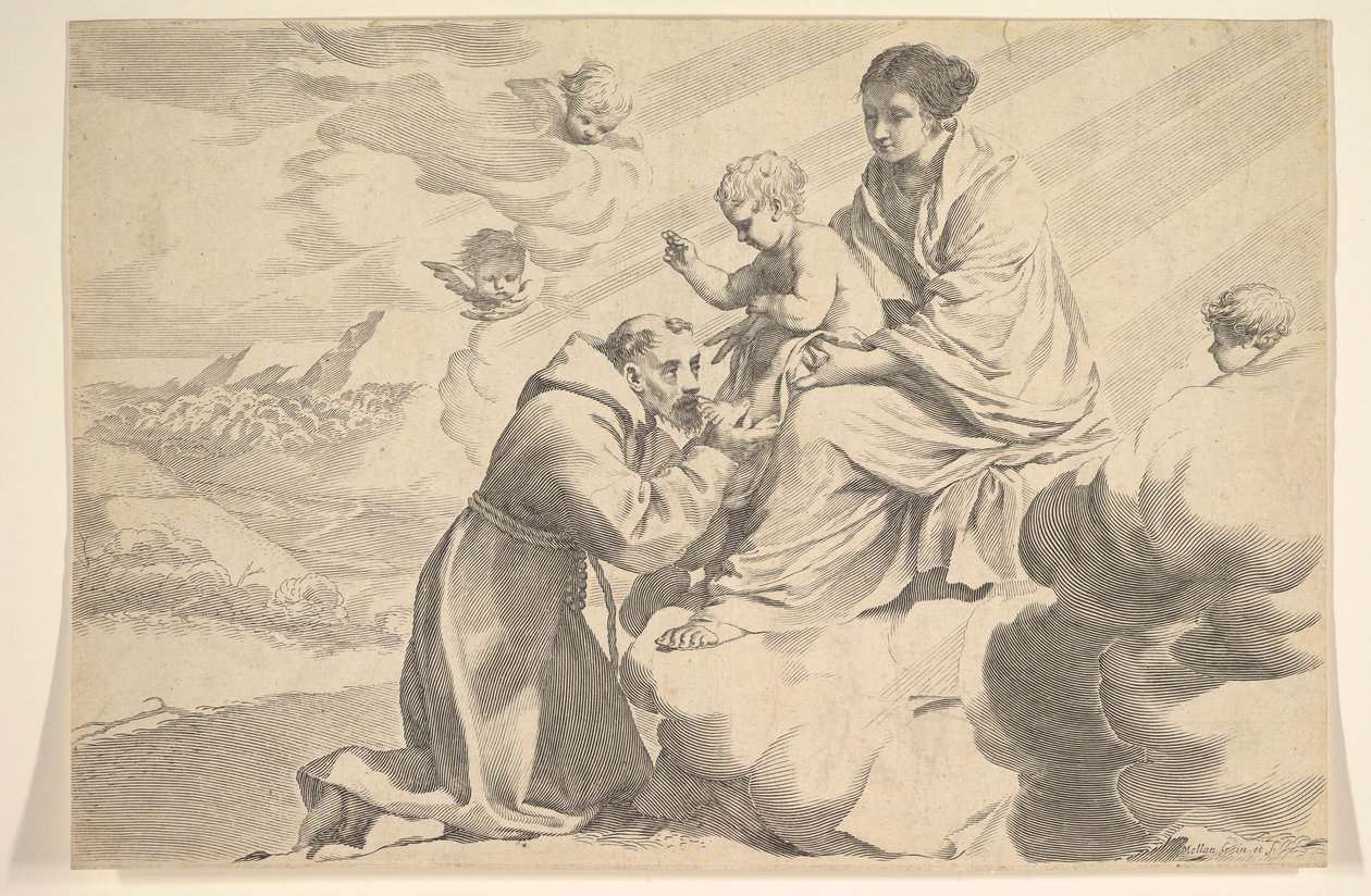 St. Frans av Assisi tilber Kristusbarnet på jomfrufanget. av Claude Mellan