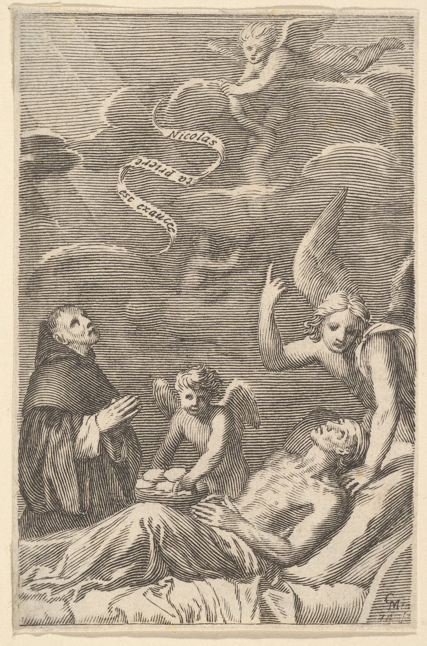 St. Nicolas ber for en døende mann. av Claude Mellan