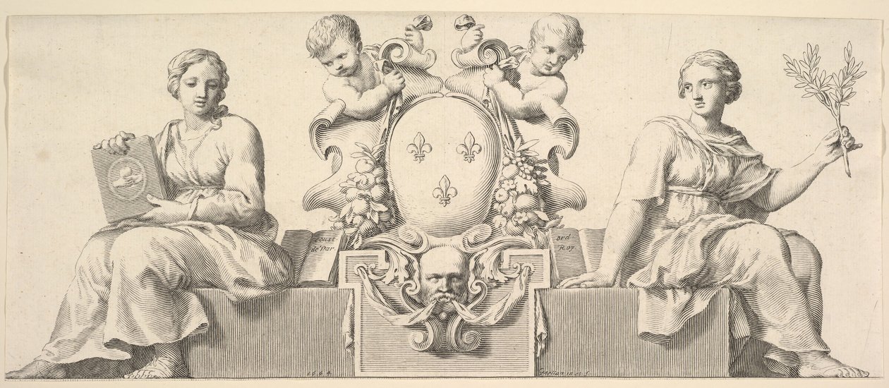 The Arms of France akkompagnert av personifikasjoner av lov og god tro, 1664. av Claude Mellan