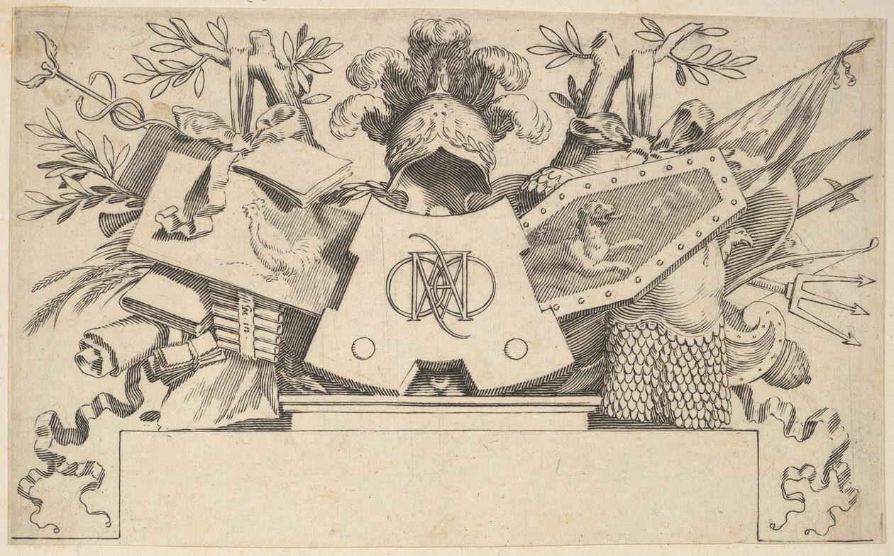 Trofé med monogram som inneholder bokstavene til LEONARDOS, 1651. av Claude Mellan