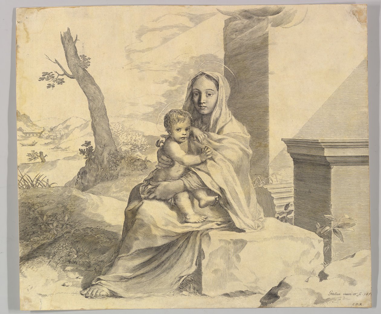 Jomfru og barn sitter på en stein Jomfru og barn i ruiner, 1659. av Claude Mellan