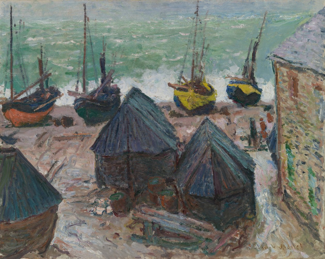 Båter på stranden ved Étretat av Claude Monet