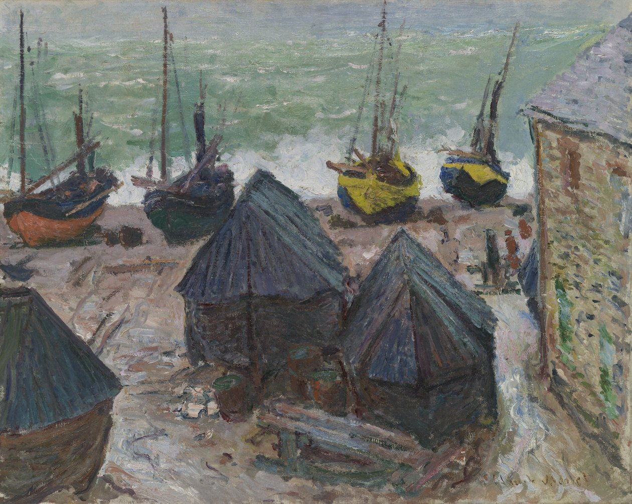 Båter på stranden ved Étretat av Claude Monet