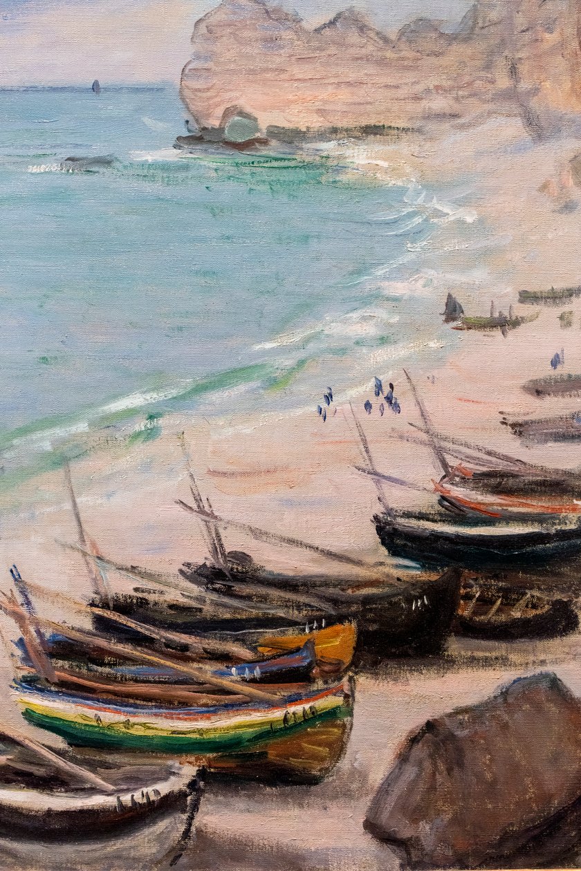 Båter på stranden i Etretat, detalj av Claude Monet