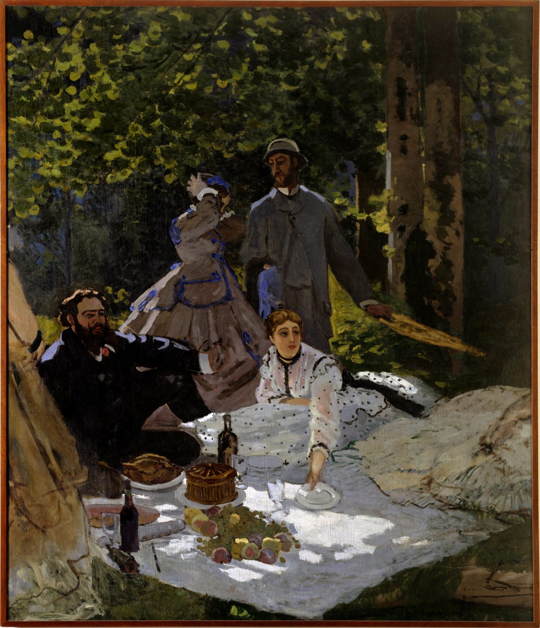 Frokost på gress Fragment. Venstre del. Høyre side: representasjon fra venstre til høyre av Gustave Courbet, Camille Doncieux og Frederic Bazille (stående i midten). Maleri av Claude Monet (1840-1926) 1865-1866 Søn. 2,48x2,17 m Paris, musee d
