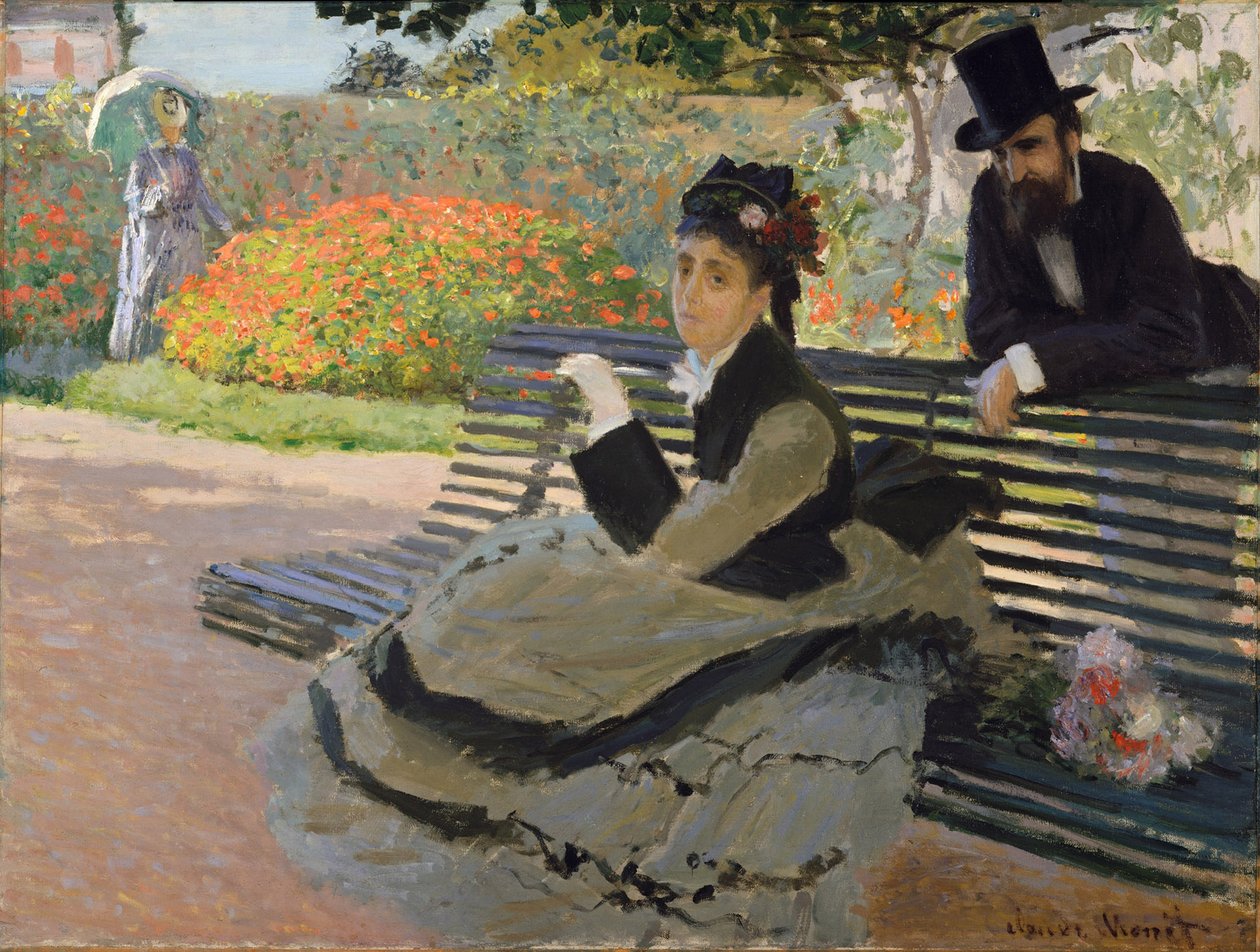 Camille Monet på en hagebenk av Claude Monet