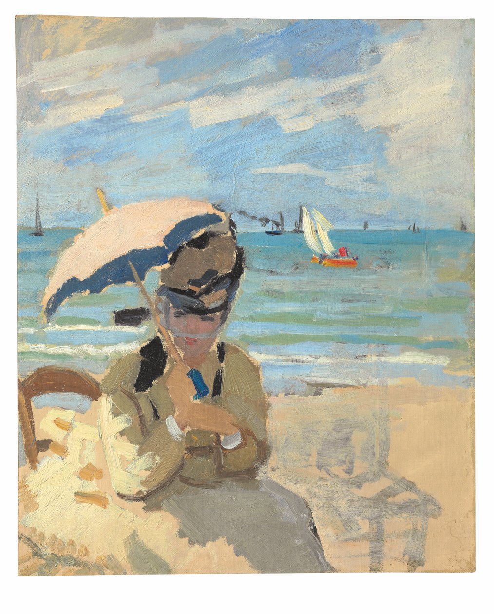 Camille sitter på stranden ved Trouville av Claude Monet