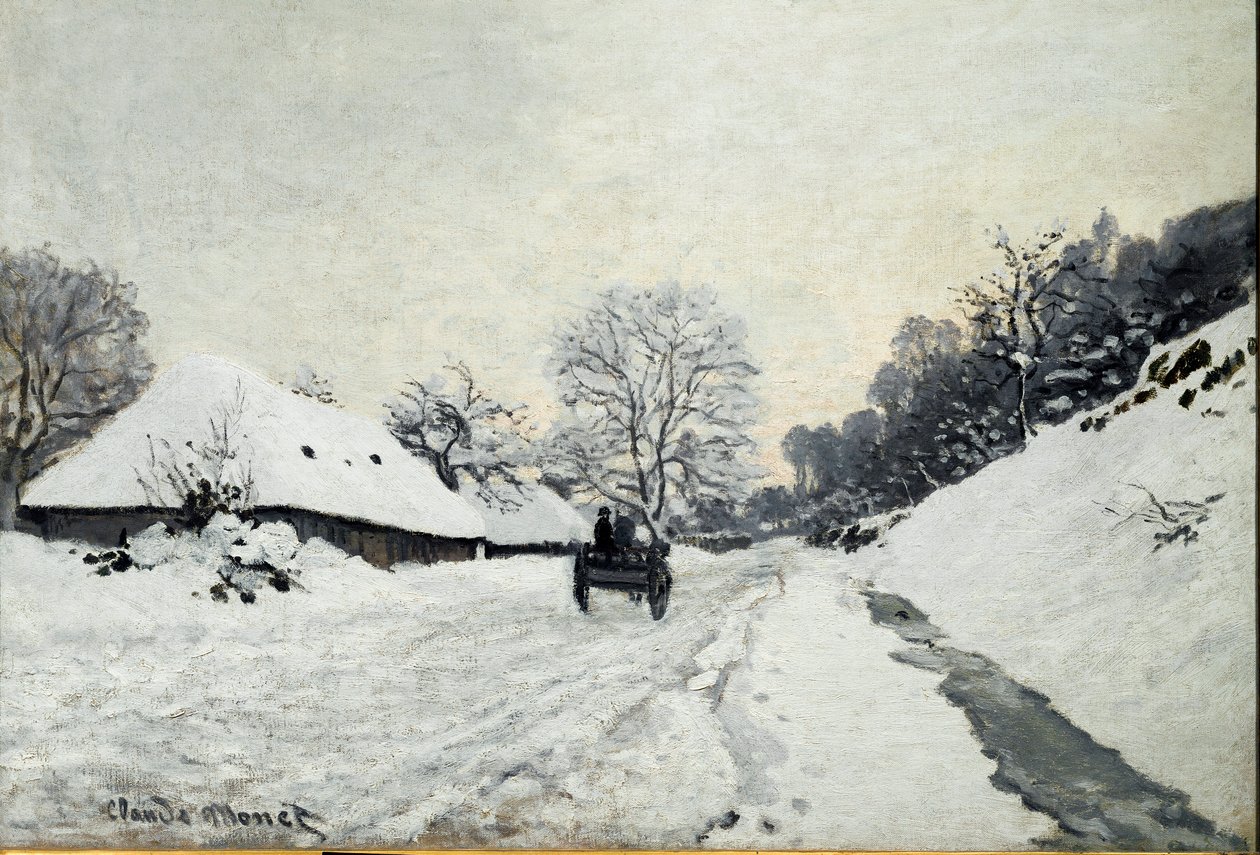 Vogn, vei under snø i Honfleur (Olje på lerret av Claude Monet