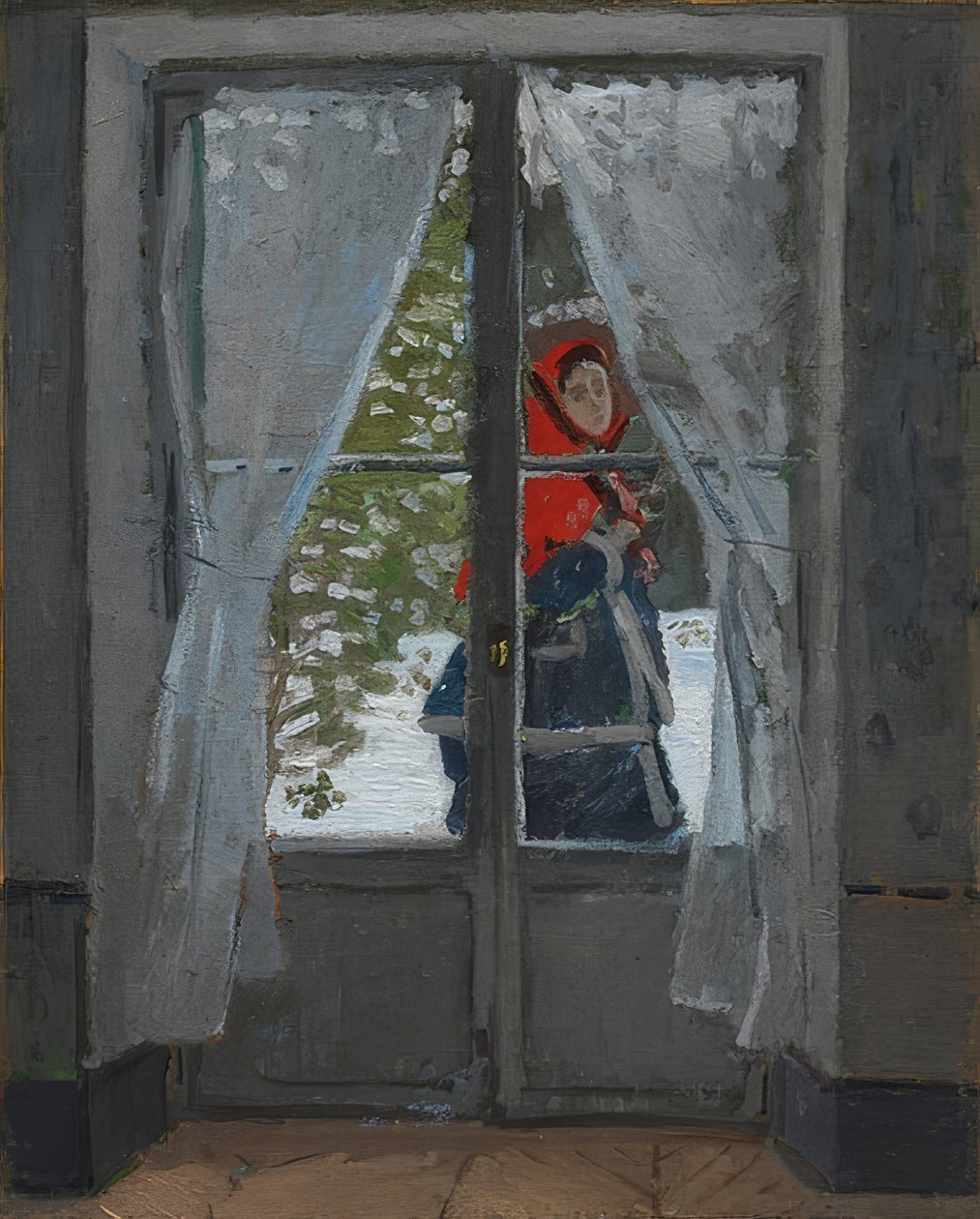 Det røde skjerfet (La capeline rouge). Rundt 1868-73 av Claude Monet
