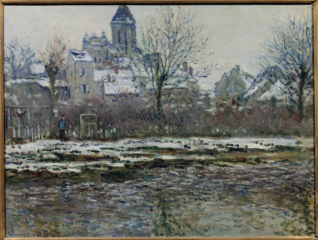 Effekt av snø i Vetheuil eller "" Eglise de Vetheuil, neige" Maleri av Claude Monet (1840-1926) 1878/79. Dim. 0,53 x 0,71 m. Paris, Musee d