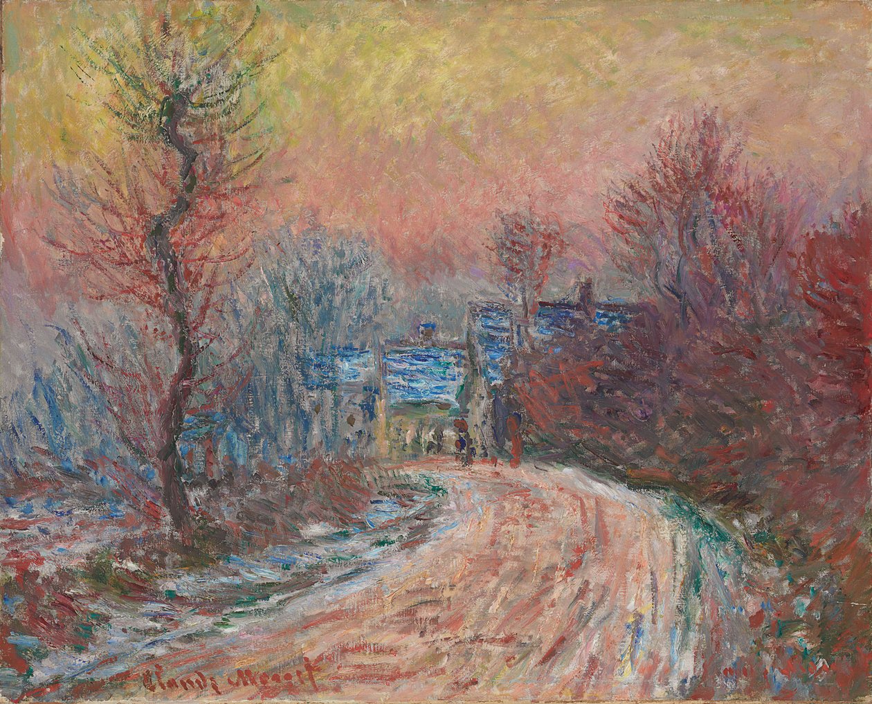 Inngang til Giverny om vinteren, solnedgang; Inngang til Giverny om vinteren, solnedgang, 1885 av Claude Monet