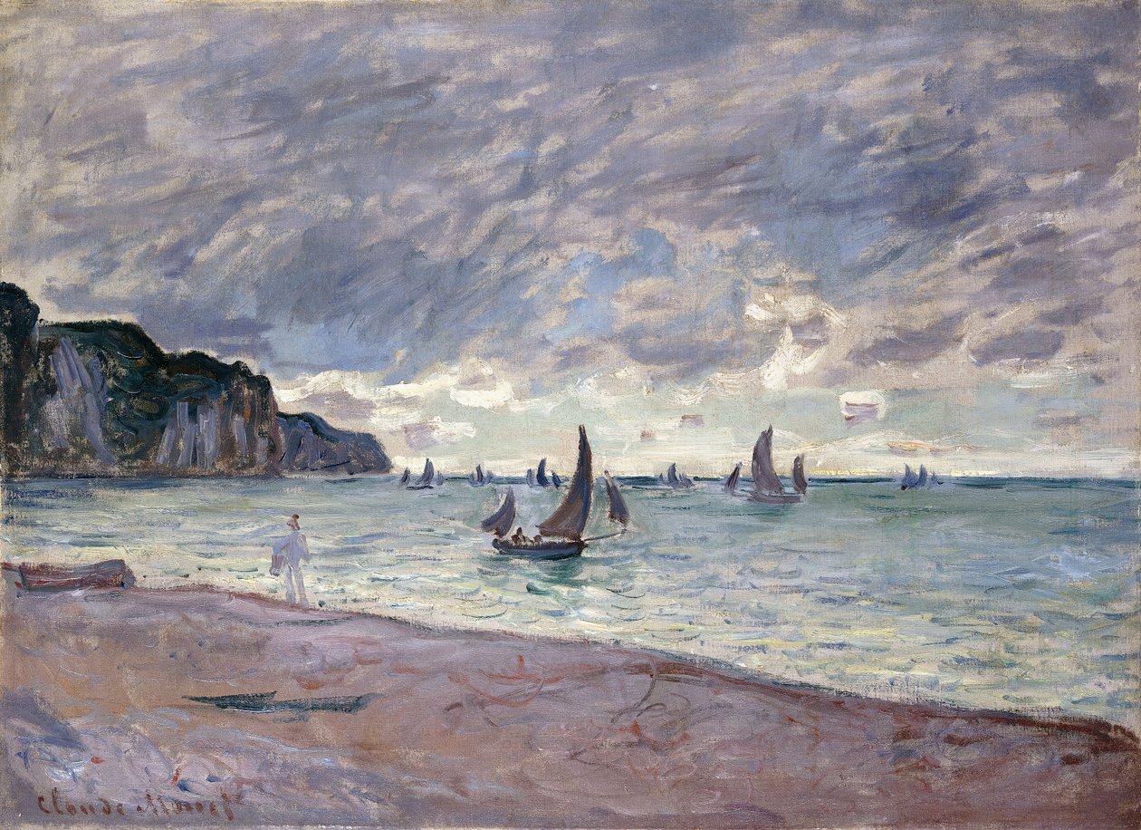 Fiskebåter foran stranden og klippene i Pourville, 1882 av Claude Monet