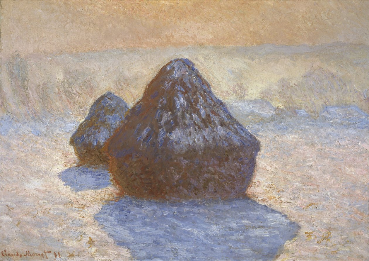 Høystakker: snøeffekt av Claude Monet