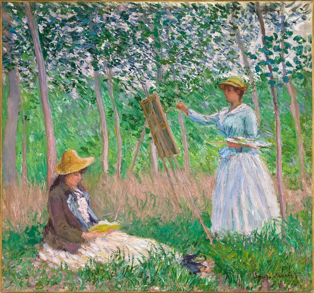 In the Woods at Giverny- Blanche Hoschedé på hennes staffeli med Suzanne Hoschedé Reading av Claude Monet