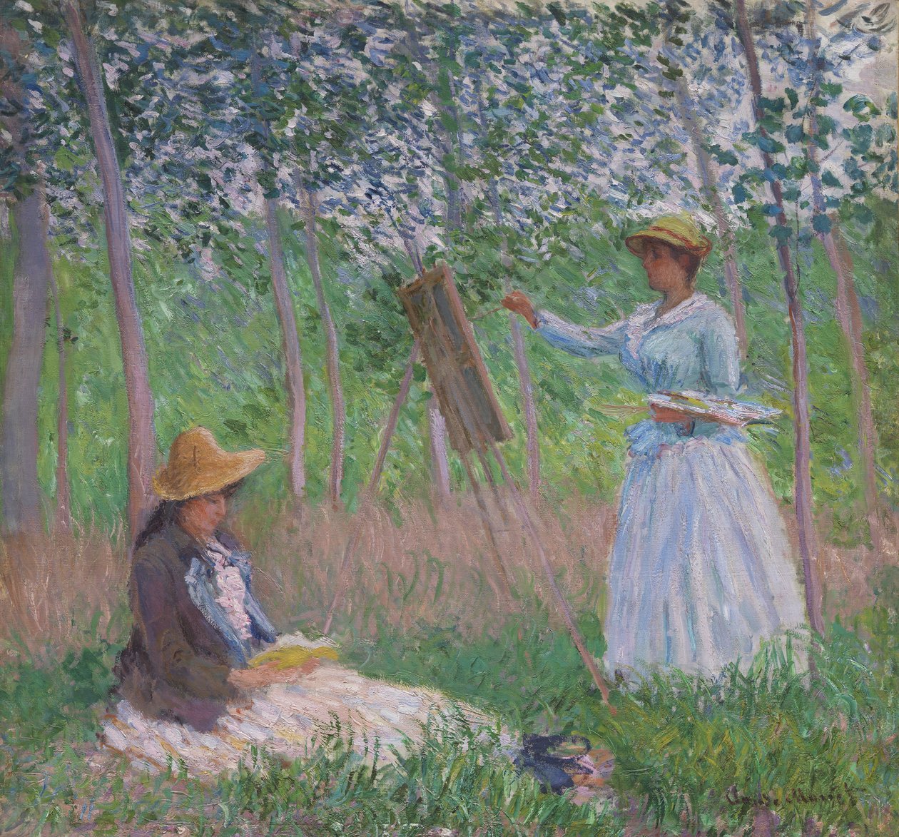 I skogen ved Giverny: Blanche Hoschedé ved sitt staffeli med Suzanne Hoschedé som leser av Claude Monet