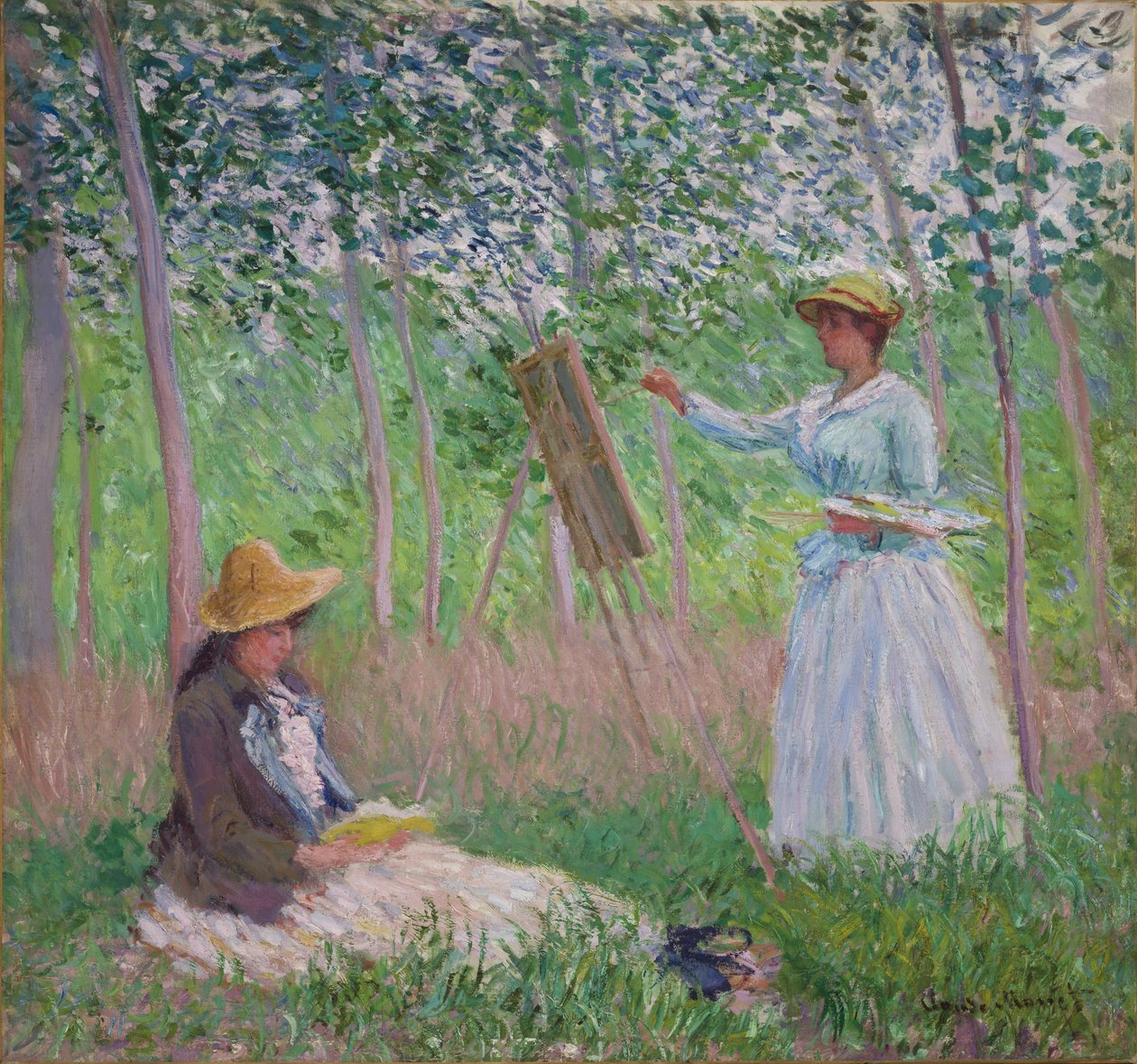 In the Woods at Giverny: Blanche Hoschede ved staffeli med Suzanne Hoschede-lesing, 1887 av Claude Monet