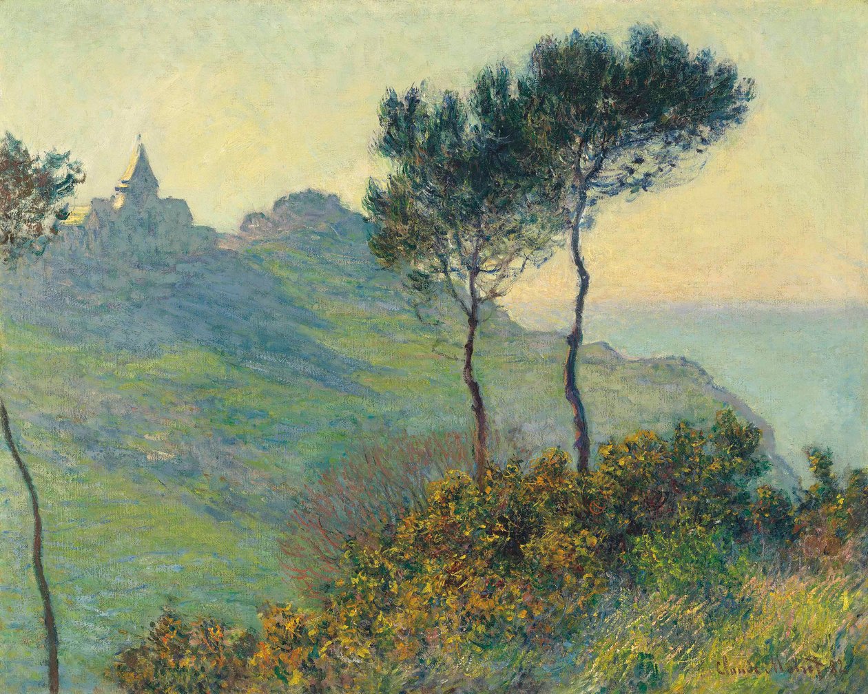 Kirken i Varengeville, solnedgang av Claude Monet