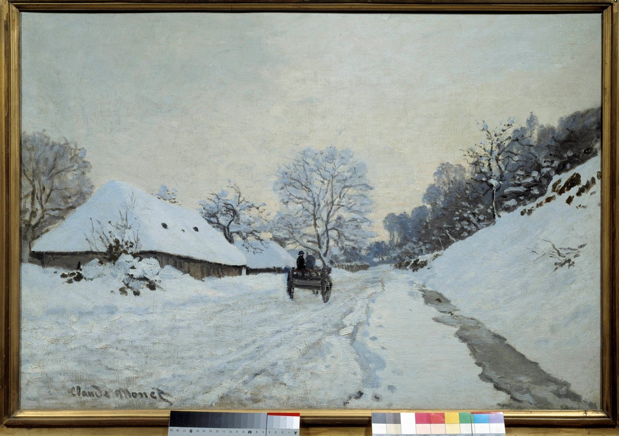 Vognen, vei under snøen i Honfleur i 1867 Maleri av Claude Monet (1840-1926). 1867. Størrelse 0,65x0,92 m. Paris, Musee d