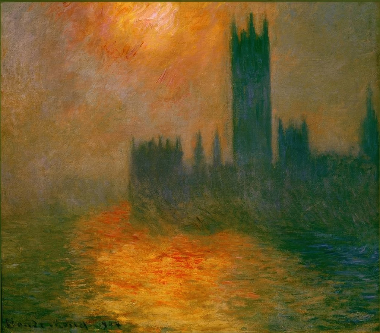 Parlamentet, solnedgang (Das Parlament, Sonnenunter av Claude Monet