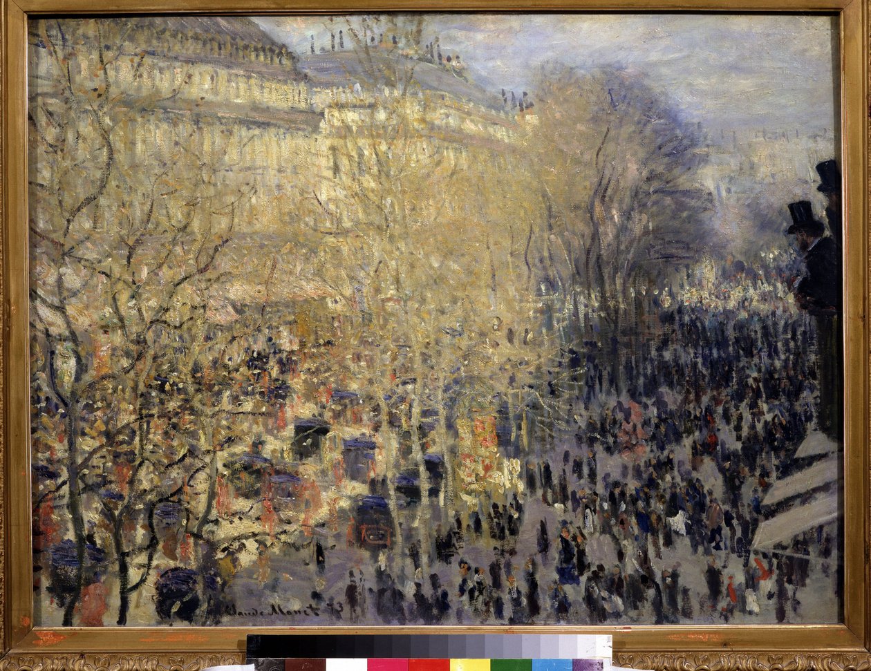 ""Le boulevard des Capucines"" Mengde av forbipasserende og trafikk i operadistriktet i Paris. Maleri av Claude Monet (1840-1926). Olje på lerret. Impresjonisme. 1873. Mål 61x80 cm Pushkin-museet, Moskva av Claude Monet