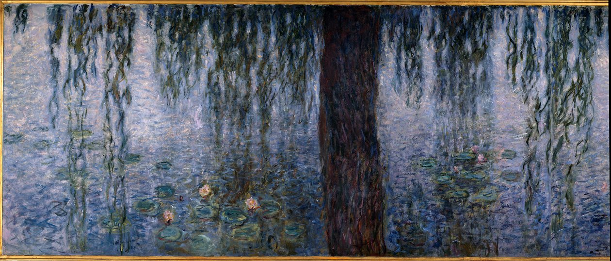 Les Nympheas; om morgenen klar med vier (venstre del av triptykolje på tre 200 x 425 cm), sd. 1914-1926. av Claude Monet (1840-1926). Musee de l
